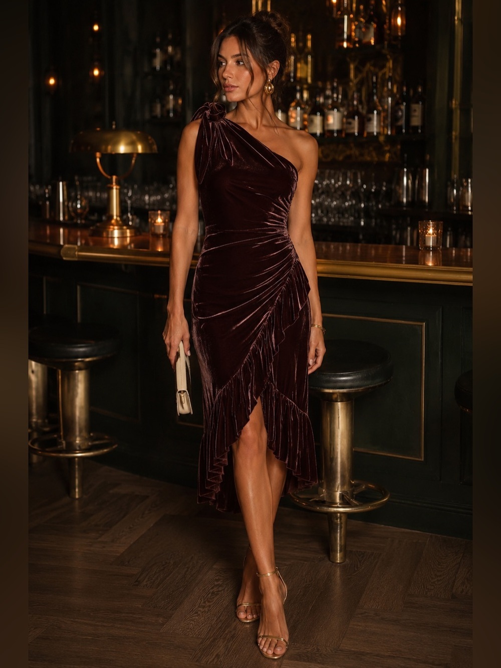 Ulla Johnson Elisa Rust Brown Velvet One Shoulder Midi Dress SZ 2